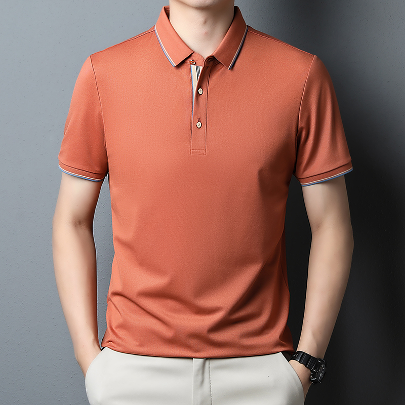 桑蚕丝polo衫男士短袖t恤2024新款夏季免烫抗皱商务休闲半袖上衣短袖t恤男翻领中年纯色免烫抗皱商务休闲polo衫夏薄高清大图