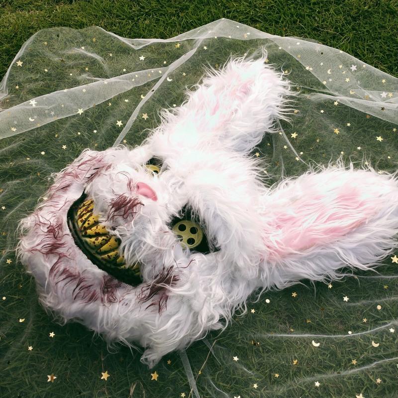 可爱兔子面具 jk恶魔兔子面具全脸恐怖血腥头套万圣节毛绒可爱拍照