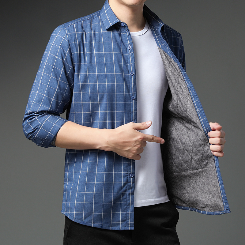 恒源祥含羊毛夹棉加厚格子长袖男士衬衫免烫商务休闲宽松保暖衣服男