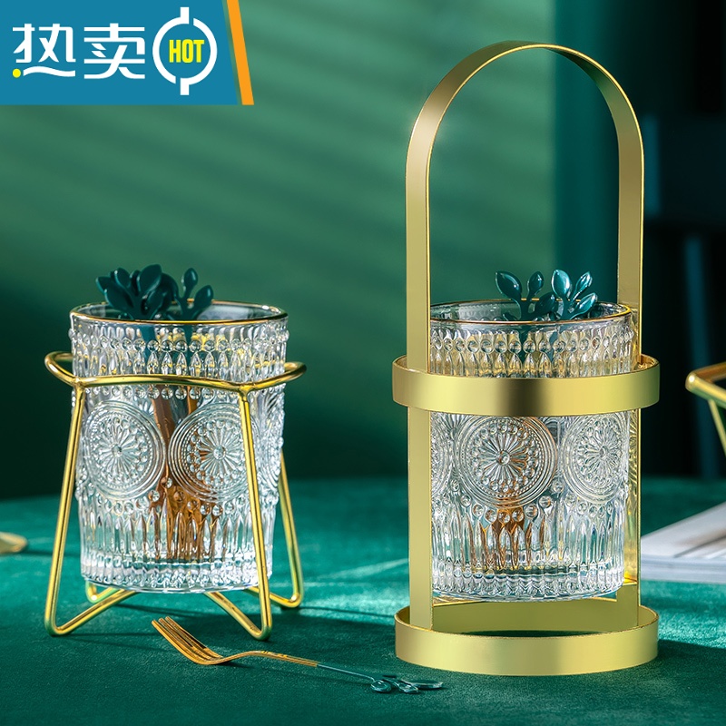 敬平304不锈钢水果叉子轻奢高端甜品蛋糕叉收纳罐套装家用水果签果插 提手水果叉筒架+金边浮雕杯高清大图