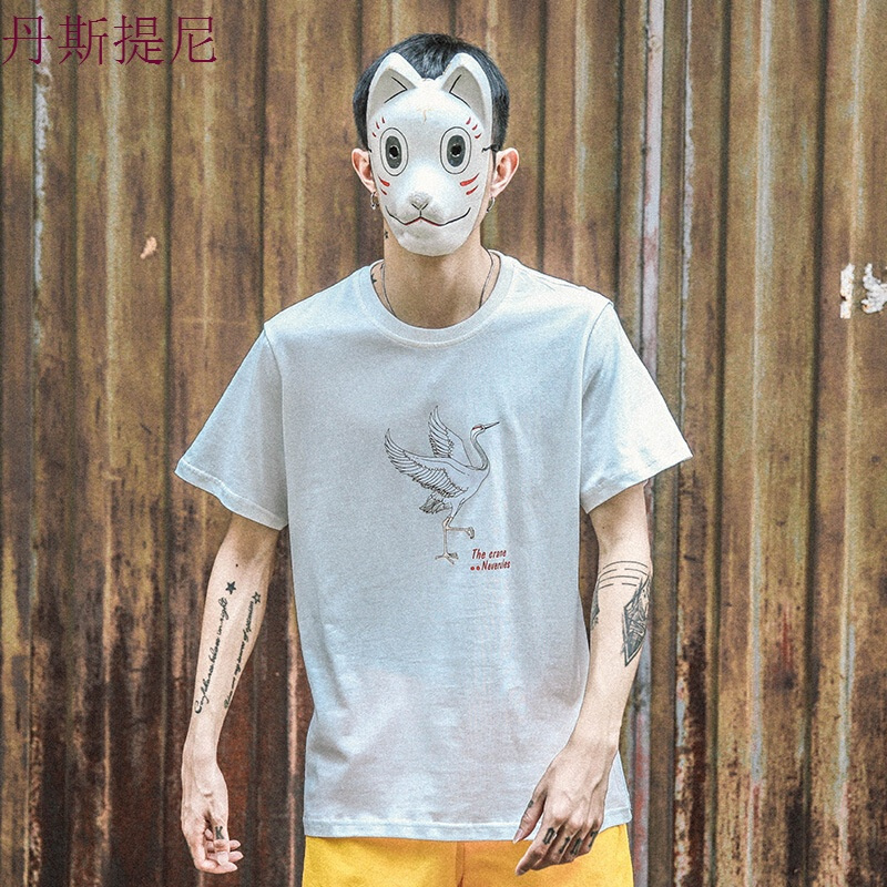 东京衣柜男装夏季新款仙鹤印花圆领休闲短袖男潮流学生T恤男