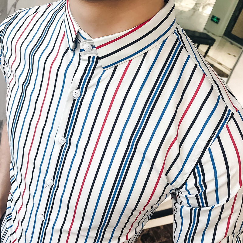 青年男士条纹衬衫夏季韩版修身型师夜店短袖衬衫五分袖寸衫上衣