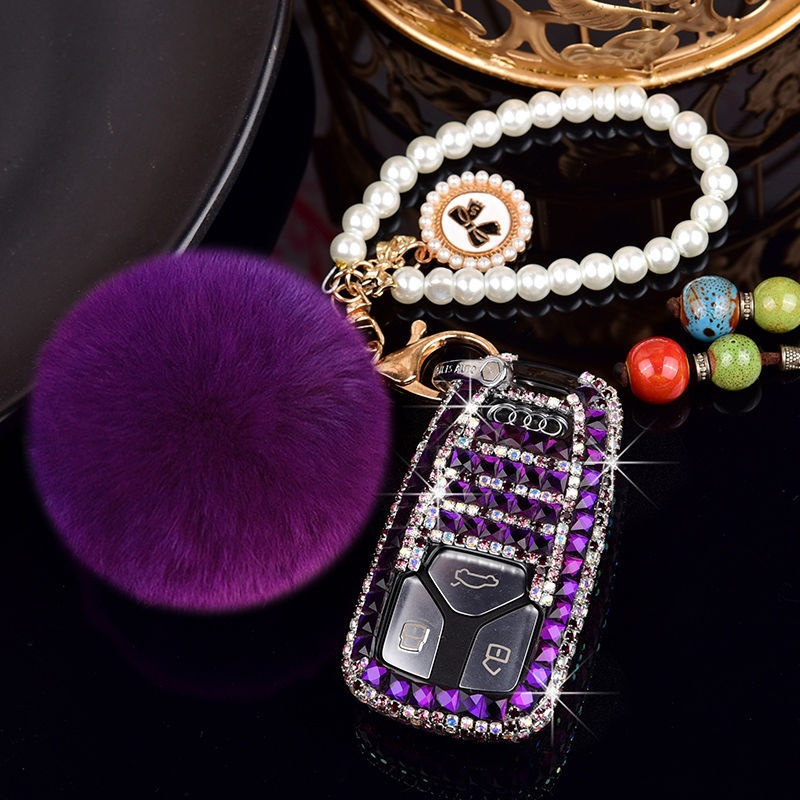 深紫钻紫色珍珠毛毛球20款奥迪a4l钥匙包a1a2a3a5壳奥迪q3q7q5l汽车女