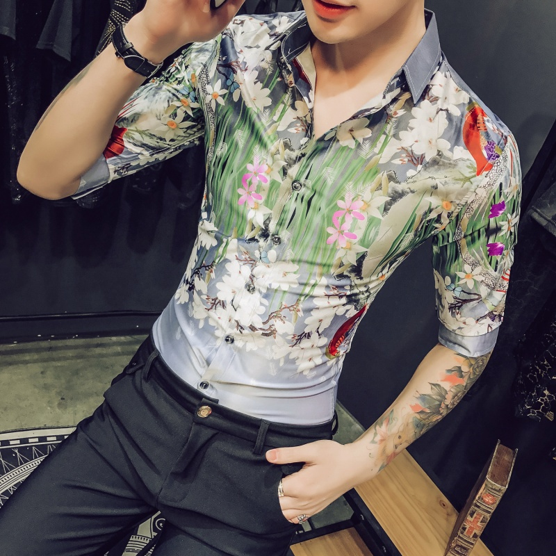 2018夏装男士夜店风数码印花七分袖衬衫帅气定位印花修身中袖寸衣