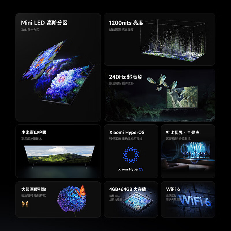 [国家补贴20%]小米电视65英寸S65 MiniLED节能版 1200nits亮度4+64G存储240HZ高刷
