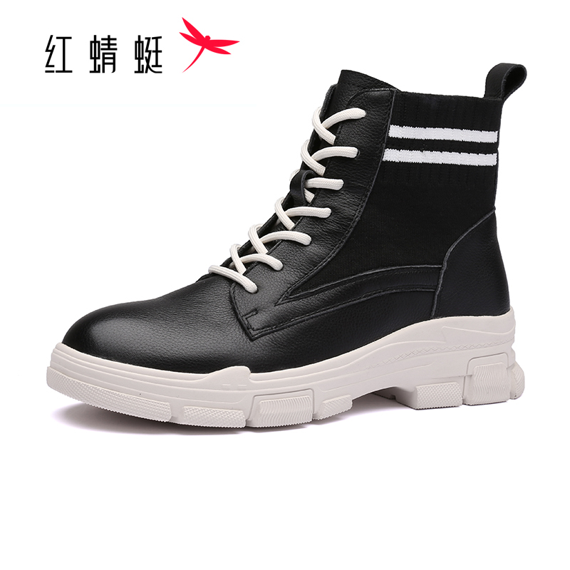 红蜻蜓休闲鞋女春秋高帮系带女鞋学生时尚低筒短靴厚底显高休闲运动皮鞋女靴子高清大图
