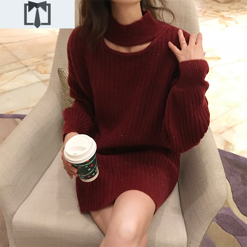 SUNTEK本命年新年红色高领针织连衣裙女秋冬亮闪闪挂脖中长款打底毛衣裙毛衣