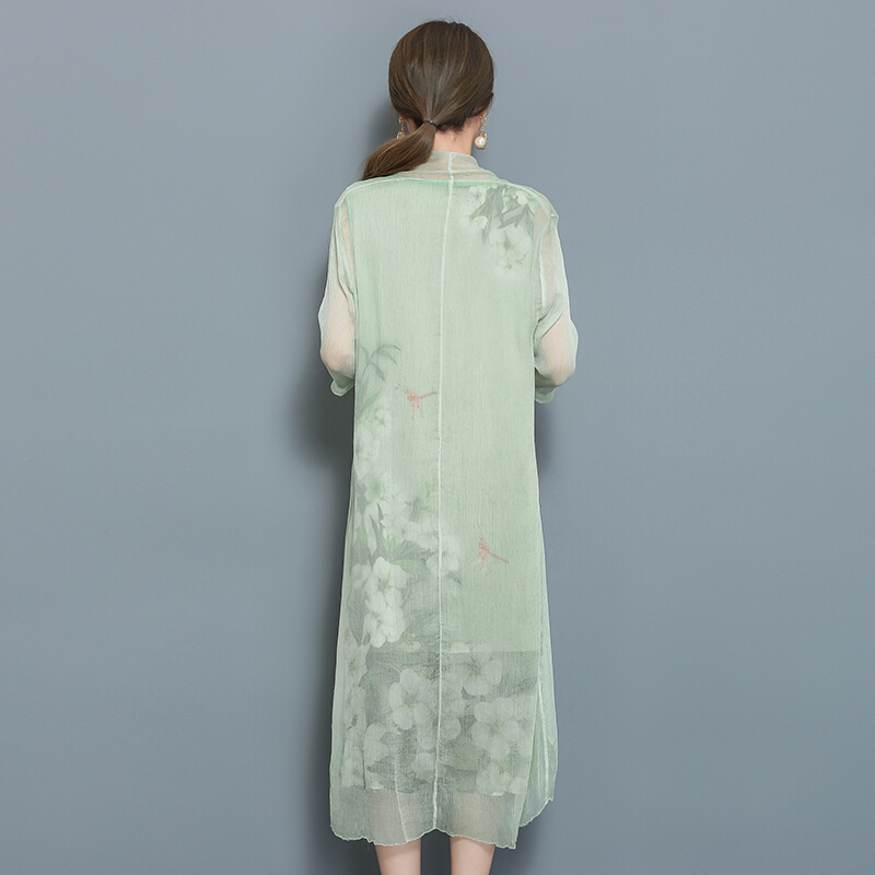 2018夏季印花开衫连衣裙两件套宽松外套+背心裙套装女夏浅绿色