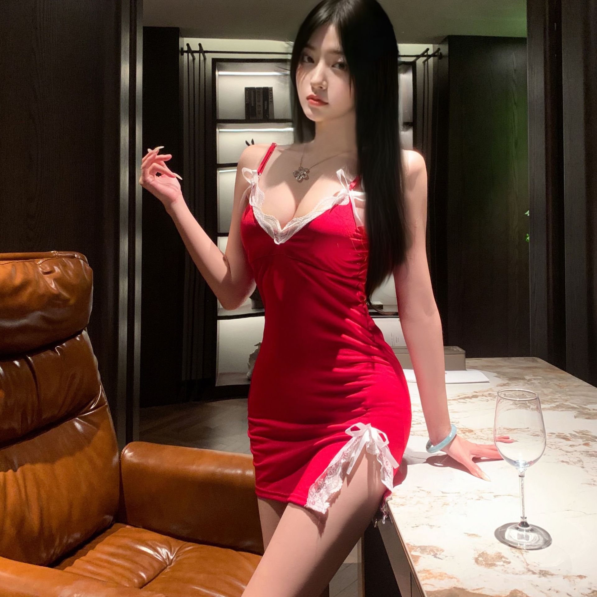 网红吊带睡衣女裙夏性感可爱修身纯欲风蕾丝可胸垫睡裙家居服1361 酒红色【不加胸垫】 XL【115-130斤】