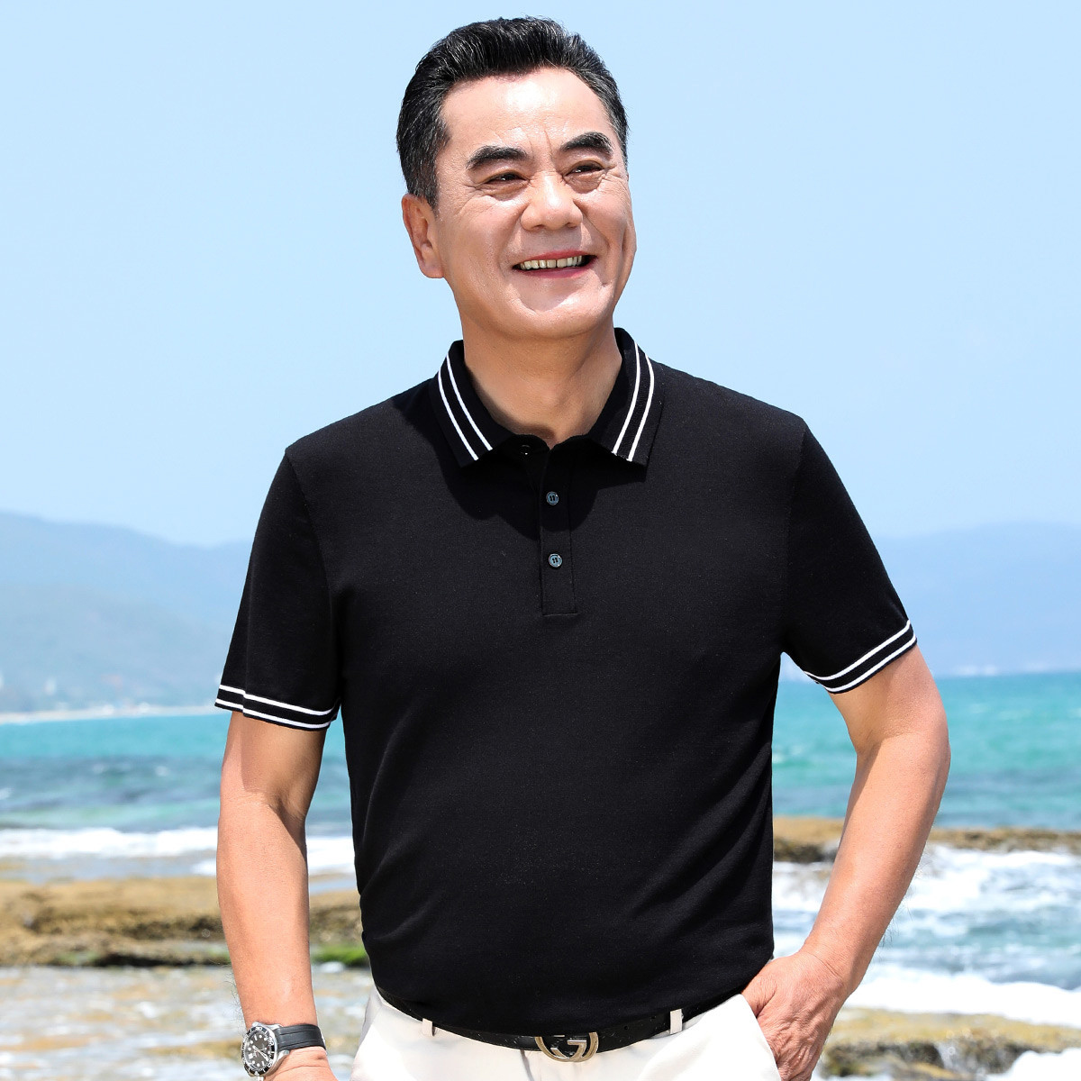 纯色中老年短袖休闲男式上衣夏款爸爸装薄款宽松短袖男式t恤