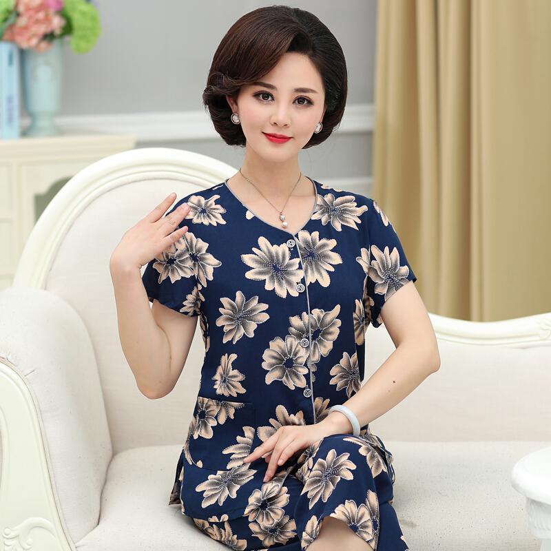 波迷娜(BOMINA)中老年棉绸睡衣女马裤套装新款女夏季妈妈绵绸常规款棉绸大码人造棉套装