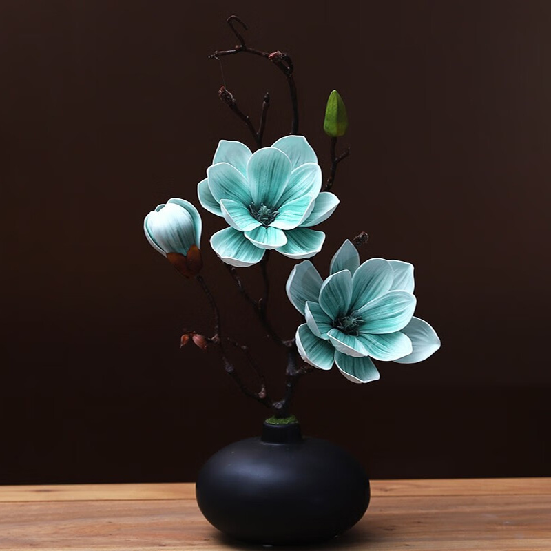 小窝厘 仿真玉兰花套装陶瓷花瓶桌面假花装饰 黑花瓶+松石绿套装