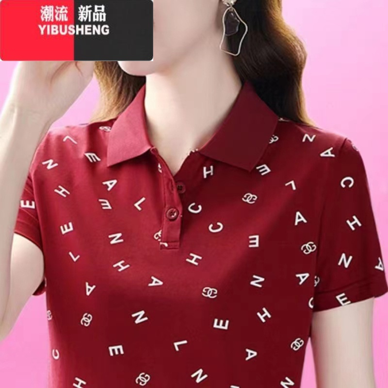 YIBUSHENG季新款翻领polo衫女短袖t恤大码妈妈装印花有带领显瘦体恤上衣