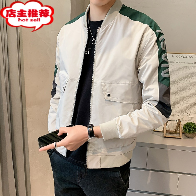 SHANCHAO男士夹克春季飞行员棒球服青年休闲外套秋款2023新款拼色修身上衣