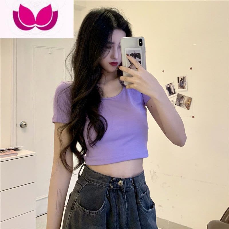 七斓ins方领内搭短款bm打底衫上衣女夏季2022新款黑色百搭修身短袖T恤图片