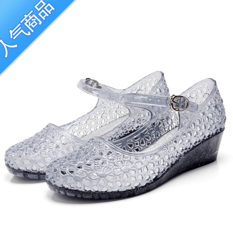 SUNTEK水晶凉鞋亲子新款百搭防滑耐磨果冻中空包头透明粗坡跟女鞋子2020高清大图