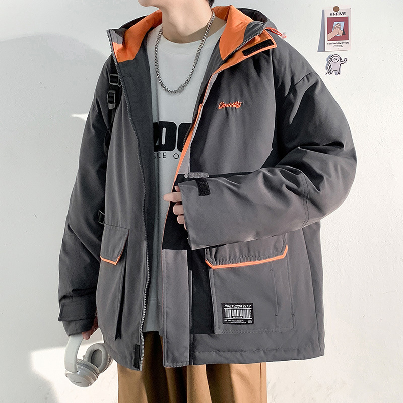 [1.5折价129元]唐狮棉服男连帽撞色工装刺绣贴标短款棉衣棉服男冬季