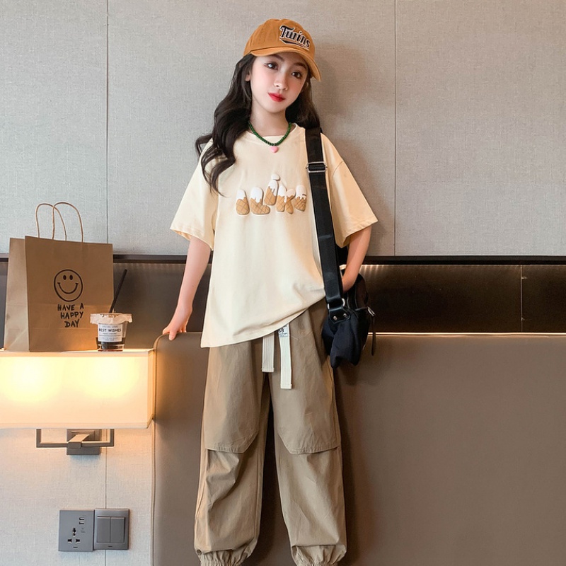 女童短袖夏装T恤夏季新款儿童半袖t女中大童装宽松上衣洋气潮 TT59杏色一宽松升级版 120（建议身高120CM左右）