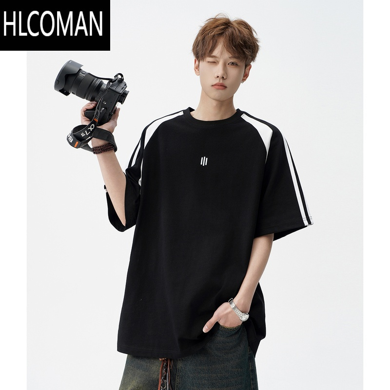 HLCOMAN美式条纹撞色拼接短袖t恤男新款潮牌设计感百搭圆领半袖体恤