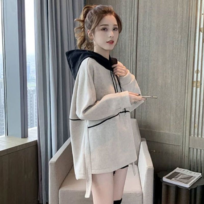 连帽卫衣女秋装2021新款潮韩版宽松薄款小个子中长款长袖上衣外套