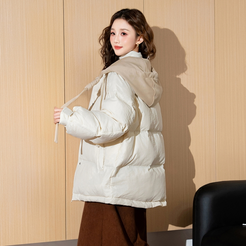 [2.5折价375元]唐狮新款冬装羽绒外套女面包服连帽拼接羽绒服女设计感小众