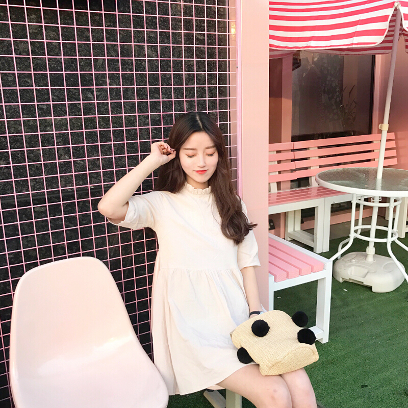 春夏女装韩版小清新木耳边纯色中长款短袖连衣裙显瘦a字裙短裙潮杏色均码