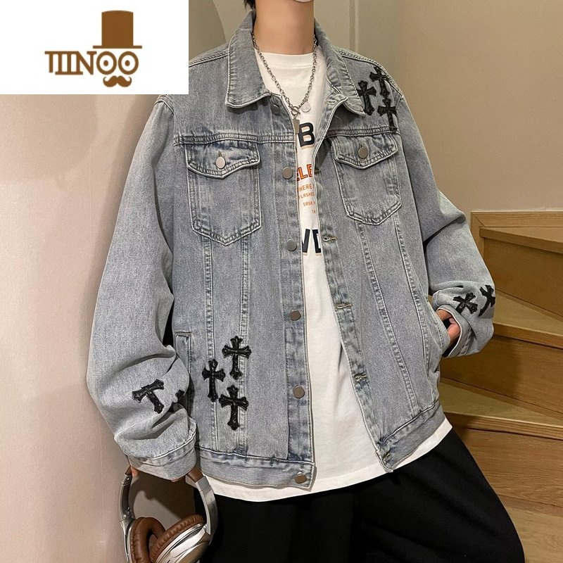 YANXU高街牛仔外套男美式ins潮牌刺绣情侣上衣宽松痞帅工装夹上高清大图
