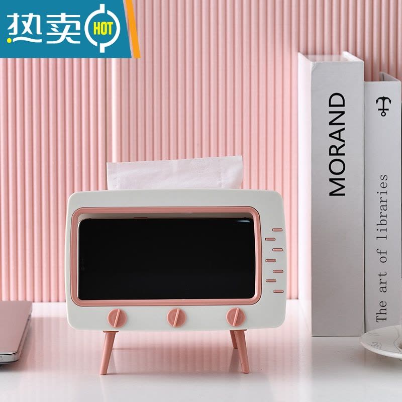 敬平ins同款可爱电视机纸巾盒免打孔抽纸盒手机支架收纳盒桌面摆件 绿色-图片