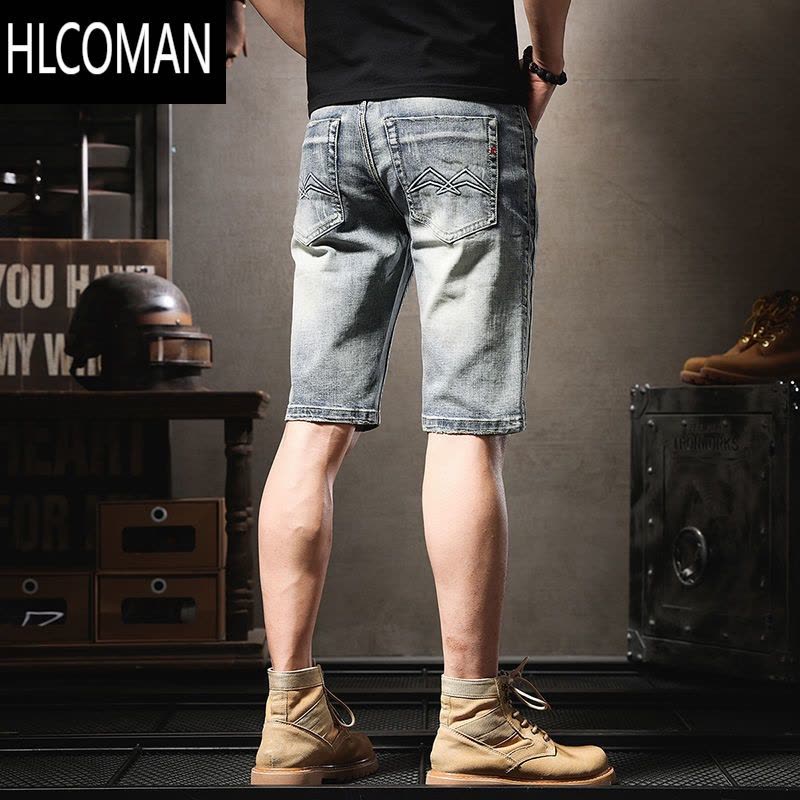 HLCOMAN复古高端牛仔短裤男潮牌ins夏季薄款休闲弹力五分裤个性潮流中裤图片