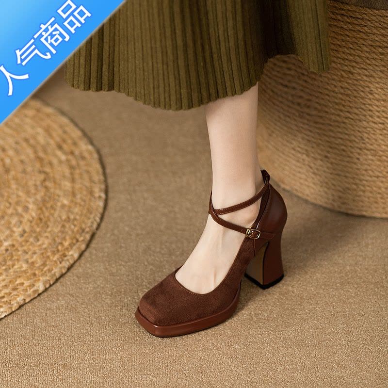 SUNTEK黑色法式复古高跟鞋女粗跟婚鞋玛丽珍2023新款交叉带方头浅口单鞋图片