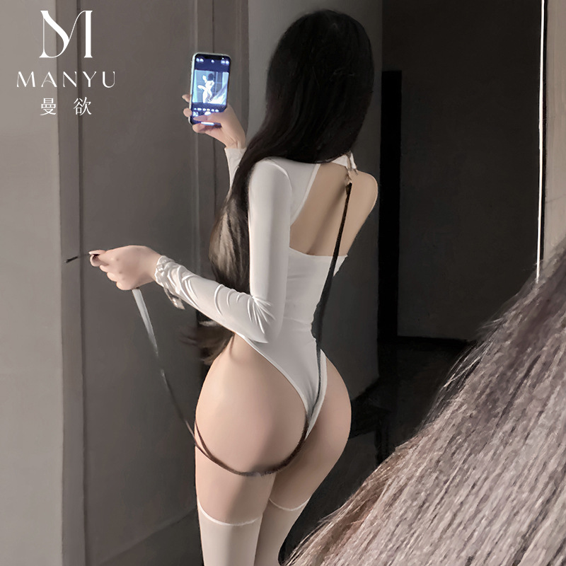 曼欲情趣内衣女性感小胸免脱开档诱惑制服sm捆绑套装床上睡衣9402 白色【死库水+牵引绳】模特袜 均码【80-120斤】