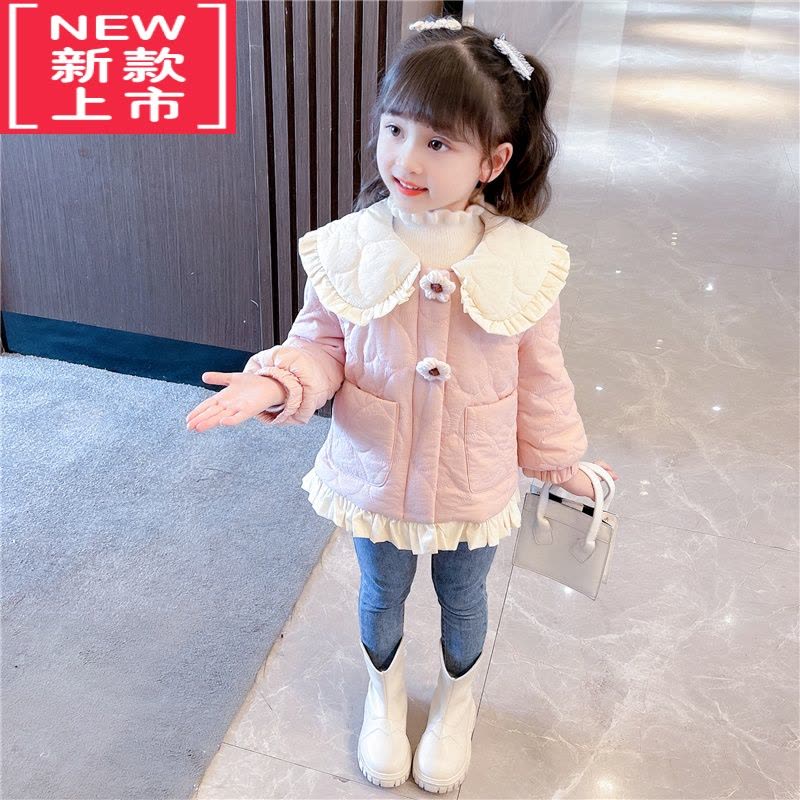 可莉允女童轻薄棉衣冬装2022新款洋气女宝宝加绒棉服儿童甜美娃娃领外套图片