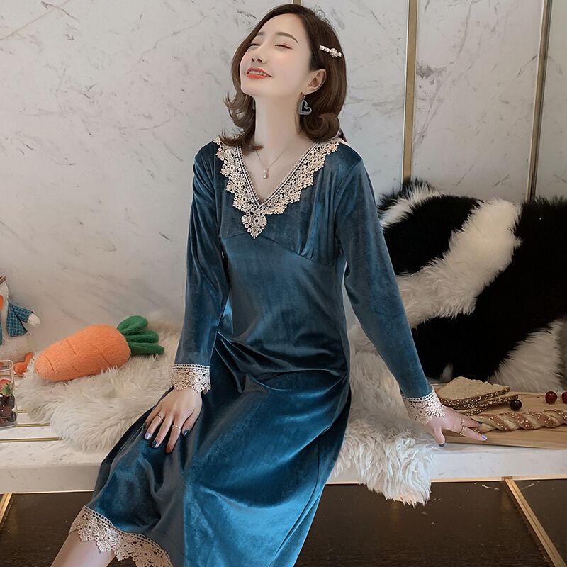 波迷娜(BOMINA)长袖绒套绒套花边胡萝卜季韩版长袖睡女奢华宫廷风家居服保暖珊瑚绒睡衣