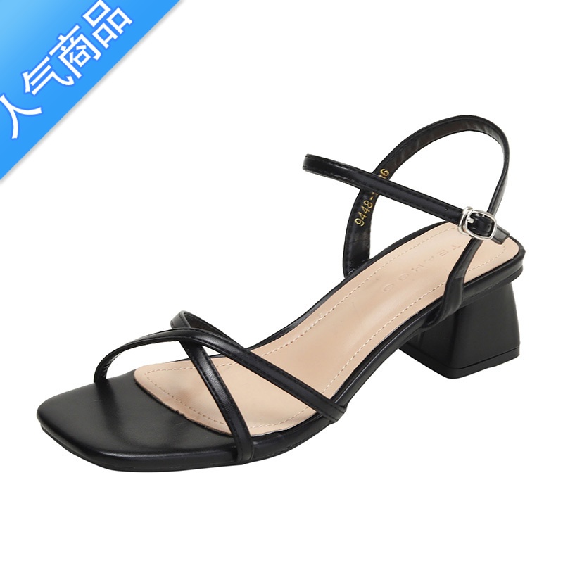 SUNTEK晚晚风粗跟高跟一字带凉鞋女2023年新款夏季法式中跟仙女季女2中高清大图