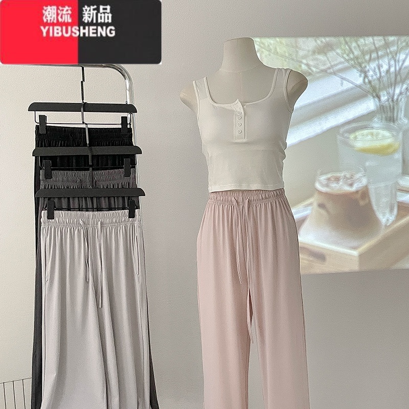 YIBUSHENG冰丝空气感凉凉阔腿休闲裤2024季新款女百搭松紧腰垂感防晒长闲高清大图