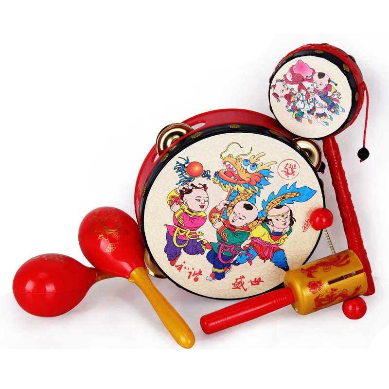拨浪鼓婴儿玩具01岁宝宝手摇铃铛沙锤摇摇棒幼儿手摇鼓传统中国风红色