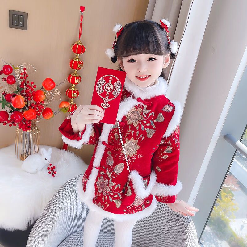 伊蒂格世品牌新款女童冬装汉服长款女孩拜年服中国风唐装旗袍喜庆过年