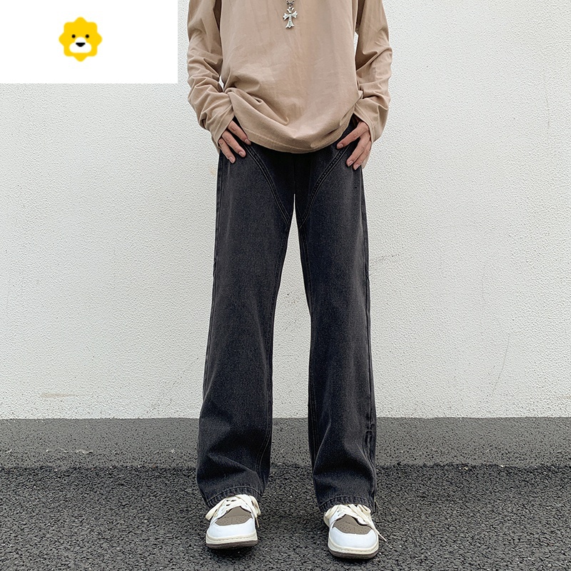 FISH BASKET季新款美式开衩牛仔裤男潮牌vibe设计感拉链微喇宽松直筒长裤子