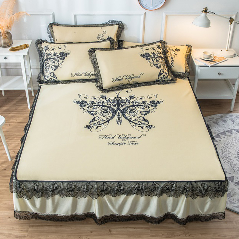 家柏饰(CORATED)床裙冰丝席凉席三件套1.8m床夏季可水洗折叠夏天空调软席子1.5米2 蝴蝶-米色 2.0m（6.6英尺）床