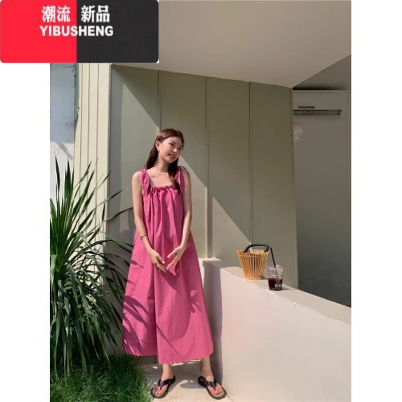 YIBUSHENG海边度假风湖蓝色系带吊带连衣裙女季慵懒风宽松法式气质裙松Y高清大图