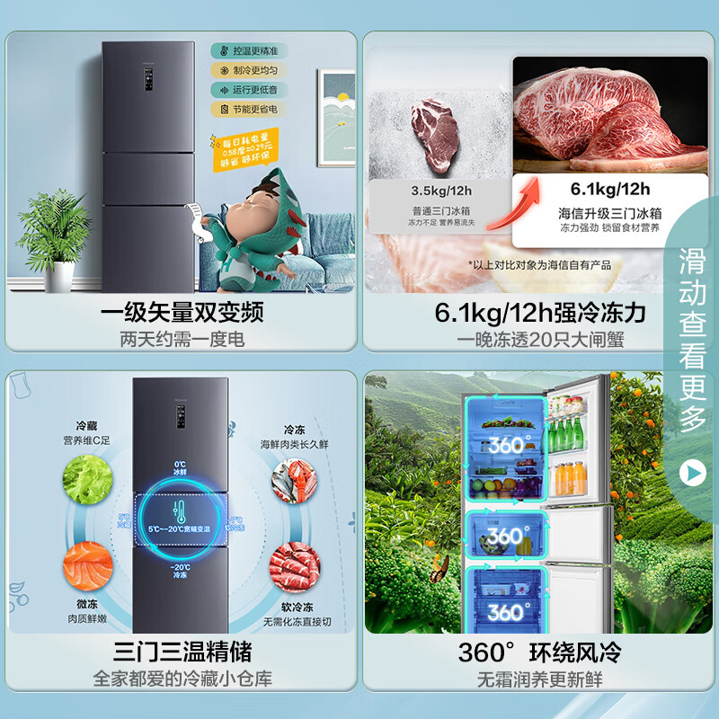 海信(Hisense)252升 三门冰箱 一级能效节能 风冷无霜 双变频 抗菌 家用电冰箱BCD-252WYK1DPUJ