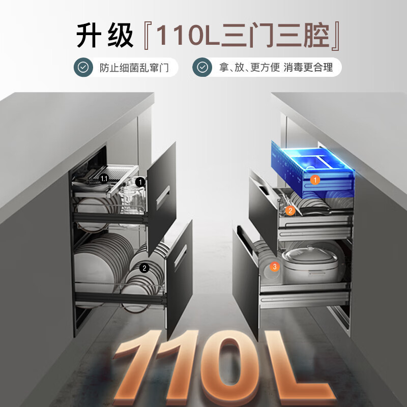 康宝 Canbo 三层二星 不锈钢 消毒柜 嵌入式消毒碗柜 紫外线高温 厨房餐具 XDZ110-V5 免沥水