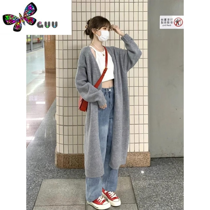 语娄灰色针织开衫外套长款毛衣女2023新款奶系穿搭上衣慵懒风