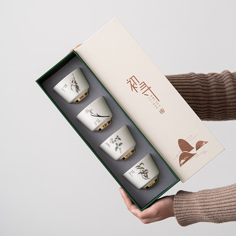 苏氏陶瓷/SUSHI CERAMICS J0894 羊脂玉茉莉花桂花山茶花水仙花主人杯个人茶杯套组