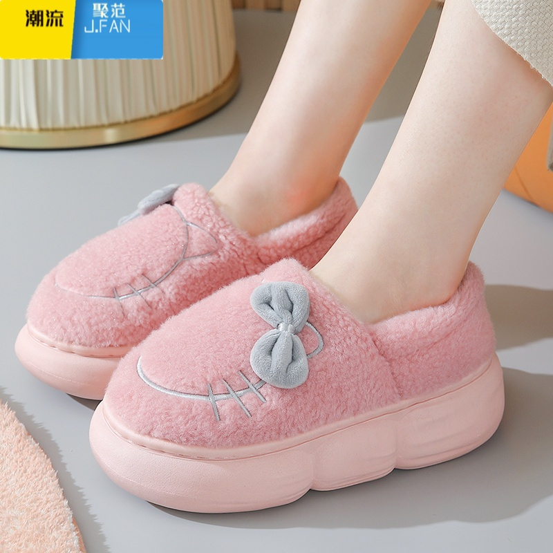 聚范全包跟棉拖鞋女厚底高跟室内卡通猫咪拖鞋冬加绒保暖棉鞋软底防滑