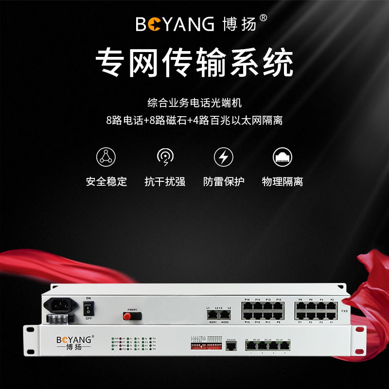 博扬 综合业务电话光端机 8路电话+8路磁石+4路百兆以太网隔离 单纤40km 机架式 1对价BY-8P-8H4EV