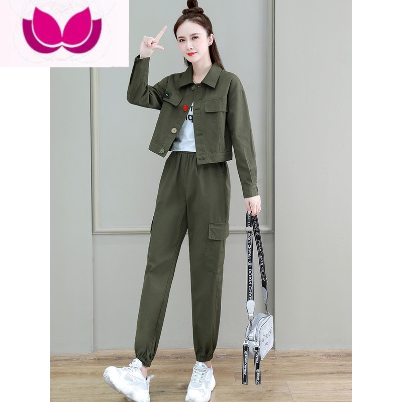七斓洋气减龄工装套装女2023新款小个子休闲短外套工装裤套 2XL 军绿色