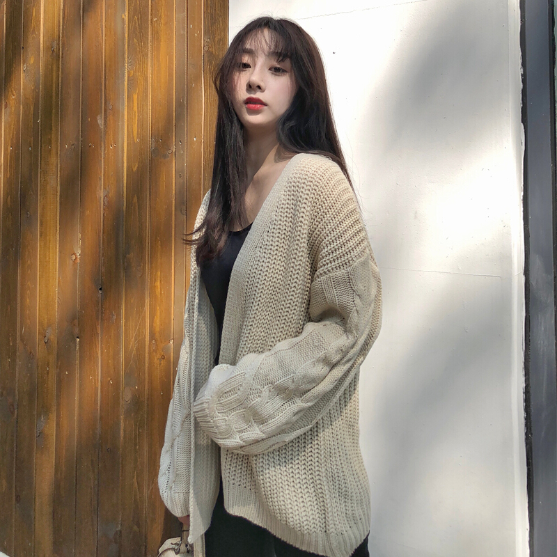 2018新款韩版秋冬装麻花chic短款毛衣外套宽松纯色针织开衫女外搭
