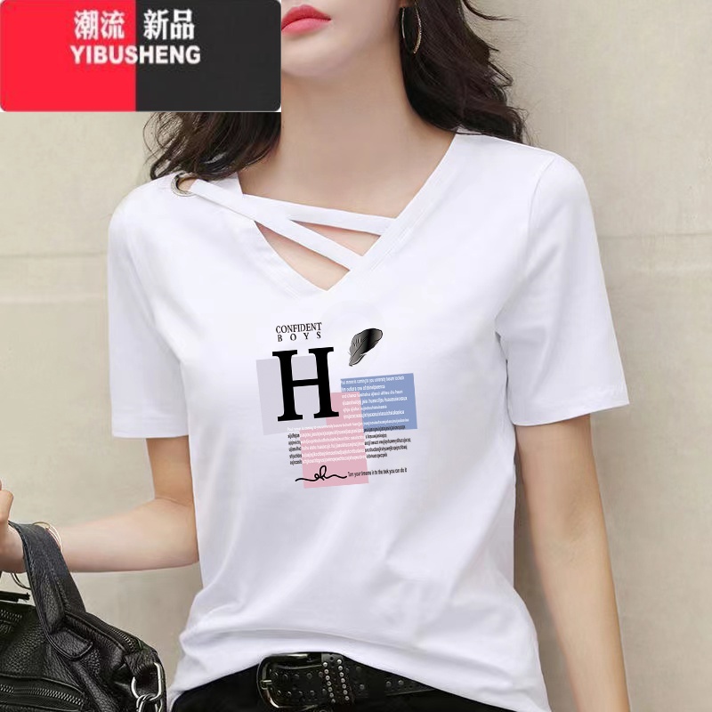 YIBUSHENGv领短袖t恤女2024季韩版新款宽松显瘦百搭设计感印花上衣潮高清大图