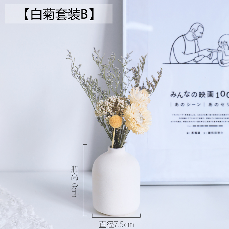 北欧小花瓶摆件客厅插花干花装饰品现代简约摆设餐桌鲜花陶瓷花瓶 三维工匠 白菊套装B